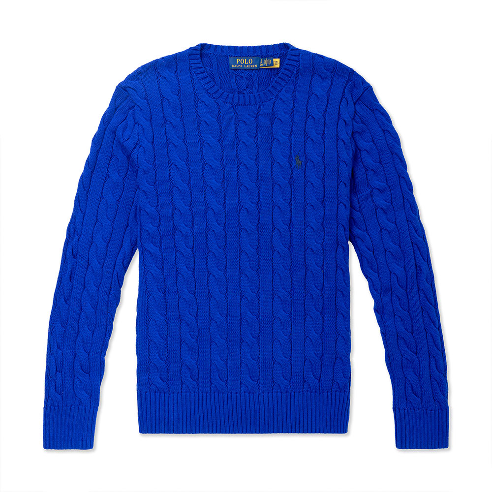 RALPH LAUREN POLO 熱銷圓領刺繡小馬麻花毛衣-寶藍色