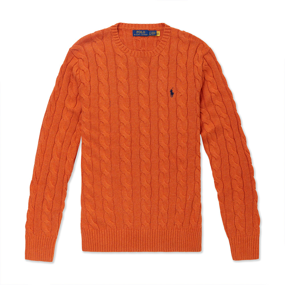 RALPH LAUREN POLO 熱銷圓領刺繡小馬麻花毛衣-橘色