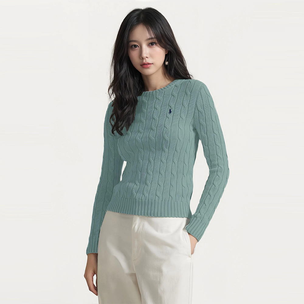 RALPH LAUREN POLO 熱銷圓領小馬麻花毛衣 上衣-湖水綠色