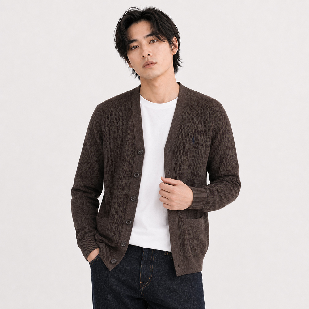 RALPH LAUREN POLO RL 熱銷V領刺繡小馬針織開襟外套-深咖啡色