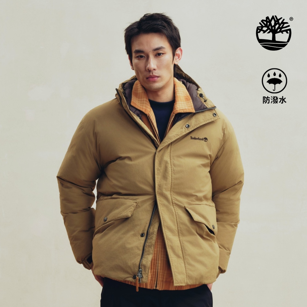 Timberland 男款棕黃色寬版防潑水羽絨外套｜A5SE6AKX