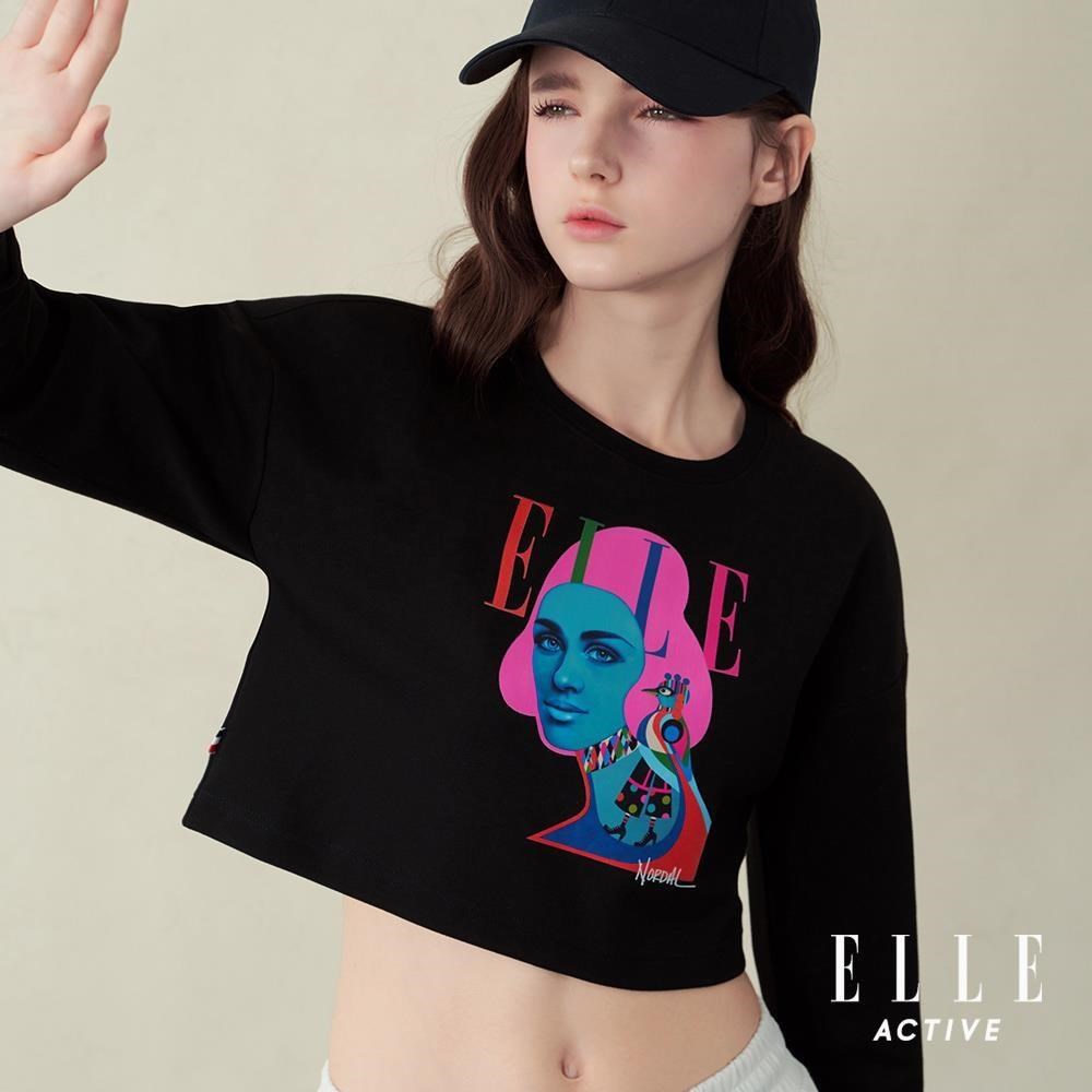 ELLE ACTIVE 女款 80週年 個性藝術印花短版薄長袖T恤-黑色 (EA25A2W1703-99)