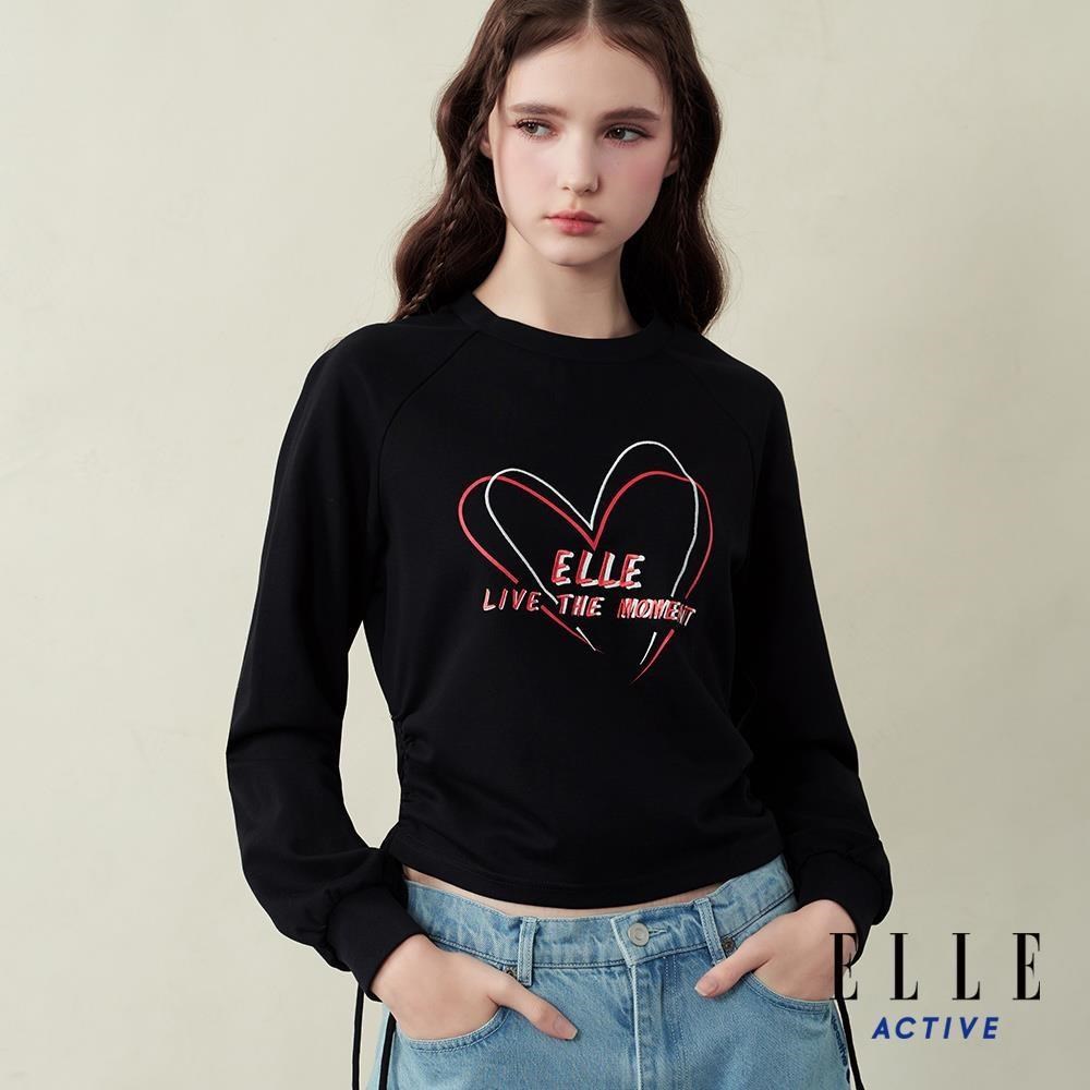 ELLE ACTIVE 愛心印花側邊抽繩長袖T恤-黑 EA25A2W140899
