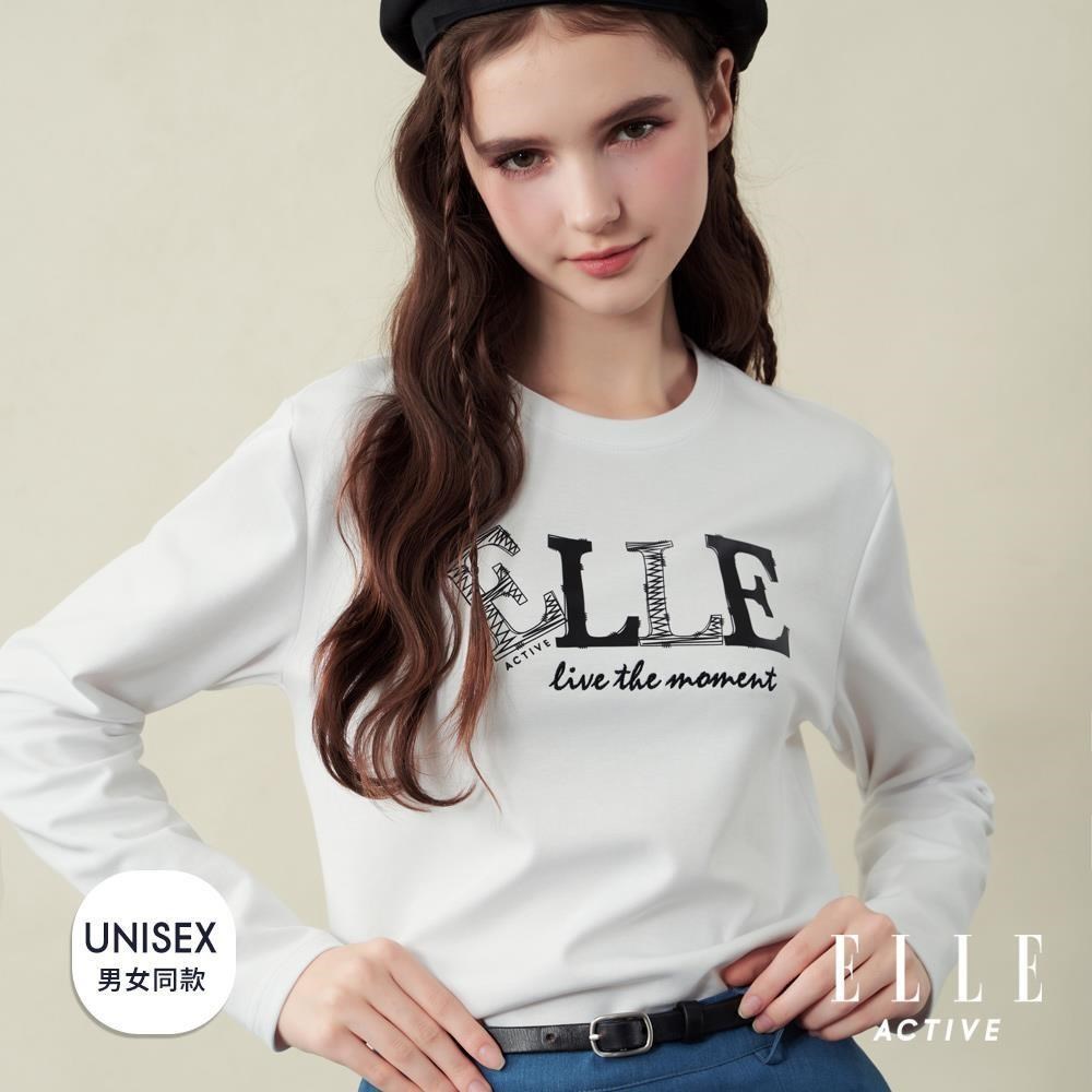 ELLE ACTIVE 男女共款  塗鴉LOGO印花圓領薄長袖T恤-白色 (EA25A2F1702-90)