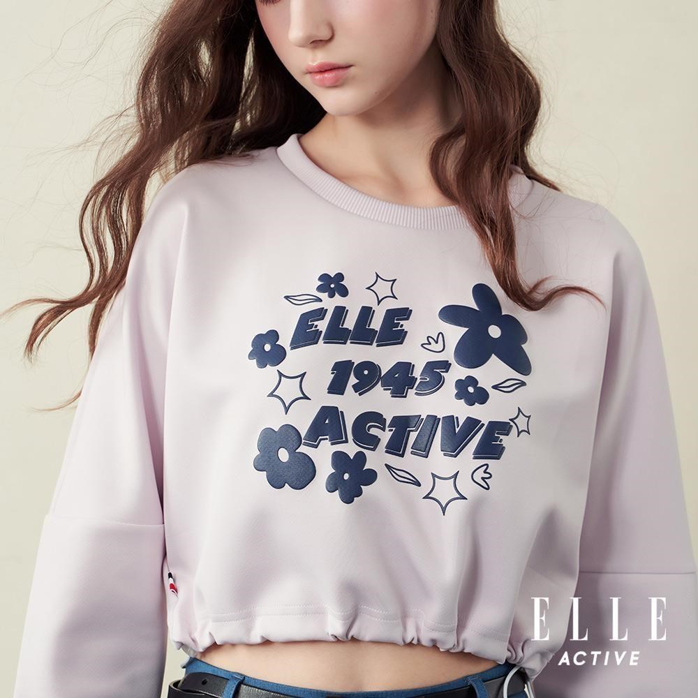 ELLE ACTIVE 印花下擺縮口造型短版長袖上衣-淺紫 EA25A2W170221