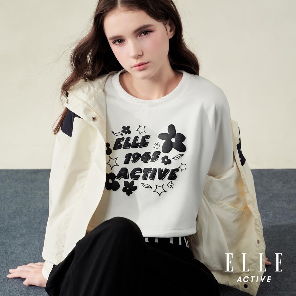 ELLE ACTIVE 印花下擺縮口造型短版長袖上衣-白 EA25A2W170290
