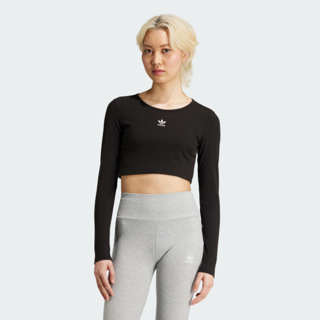 adidas 愛迪達 Adidas 愛迪達 Ess Crop Ls IW5725 女 長袖上衣 休閒長袖 黑 白 亞版