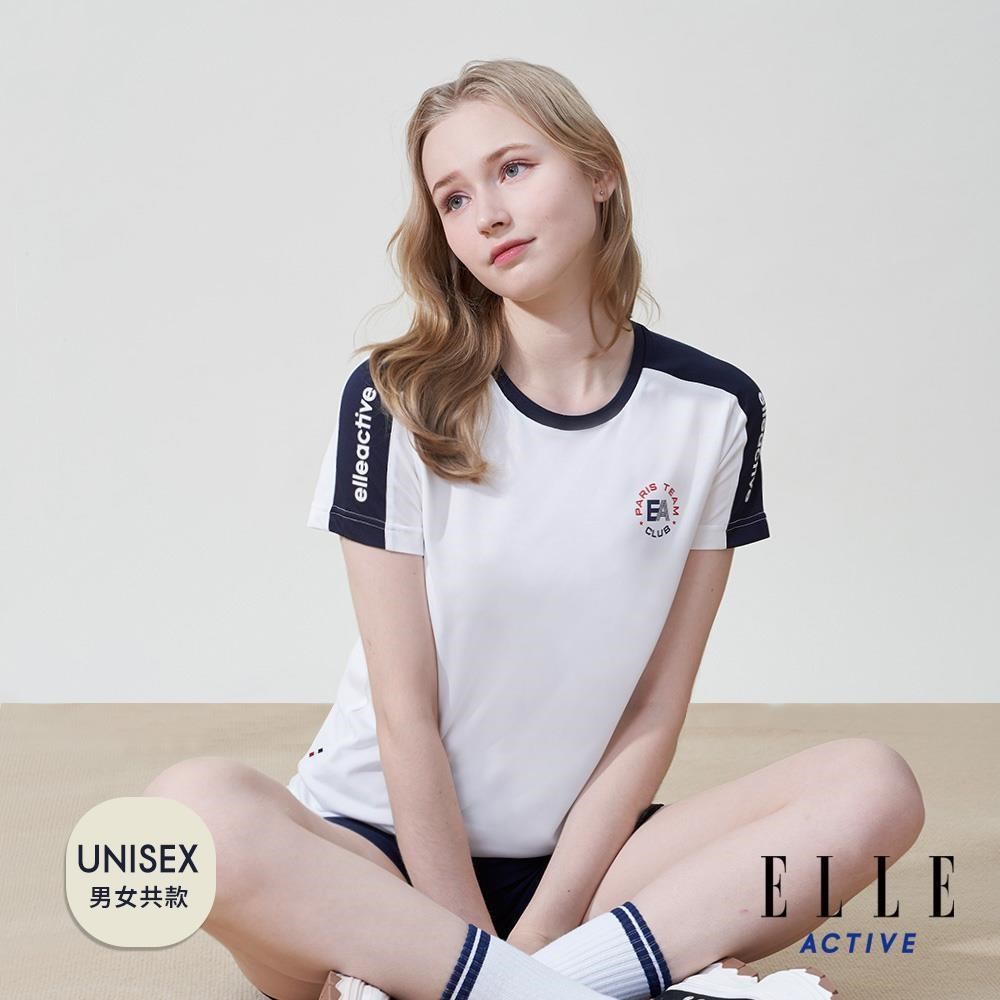 ELLE ACTIVE 男女共款 運動風肩袖拼接吸濕排汗圓領短袖T恤-白色 (EA25S2F1606-90)