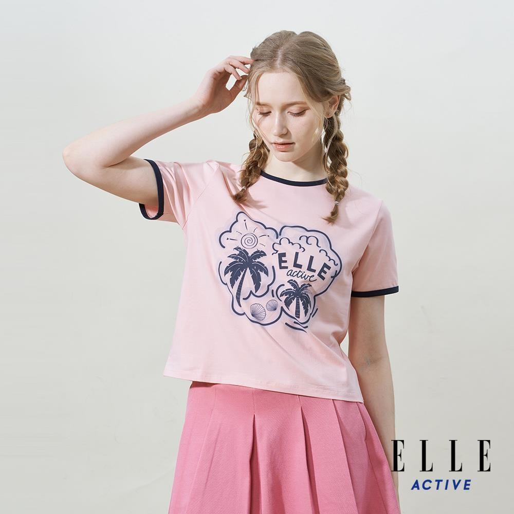 ELLE ACTIVE 沙灘棕櫚樹印花短袖短版上衣-淺粉 EA25S2W160671