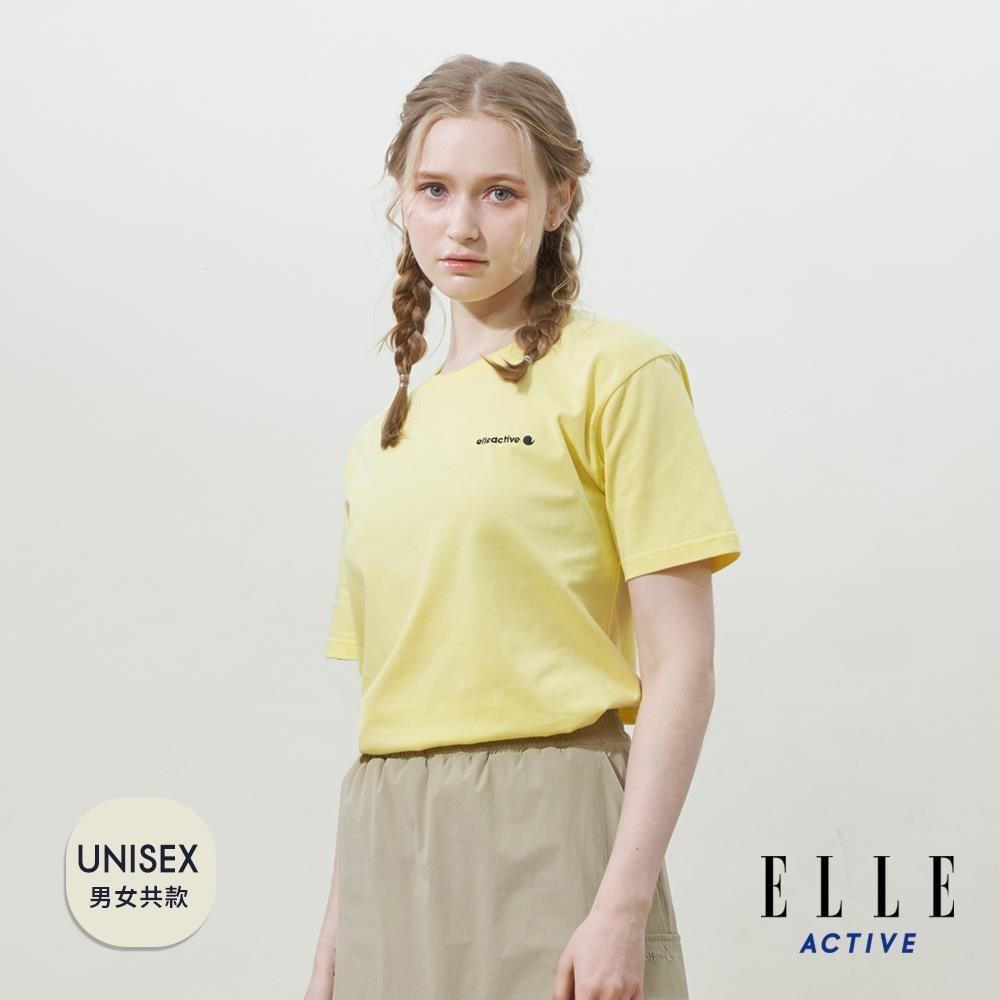 ELLE ACTIVE 男女共款 標語印花純棉寬鬆版圓領短袖T恤-黃色 (EA25S2F1610-54)（其他規格）