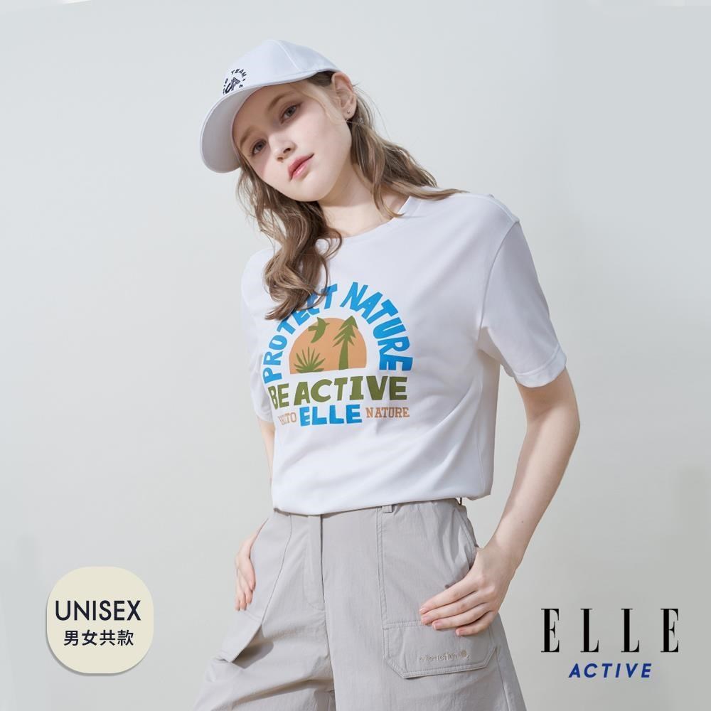 ELLE ACTIVE 男女共款 山系YAMA圖騰印花寬鬆版短袖T恤-白色 (EA25S2F1601-90)