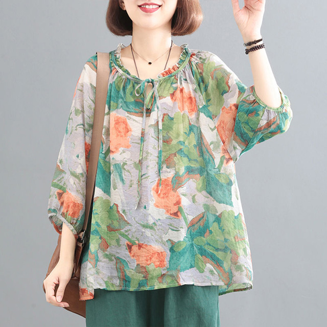 K.W. 現貨亞麻薄美麗印花寬鬆上衣(新品/上衣/休閒/印花/背心)