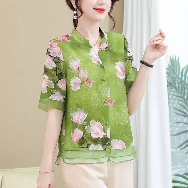 K.W. 現貨亞麻蓮花荷葉印花進口紗下擺上衣(新品/上衣/休閒/印花/背心)