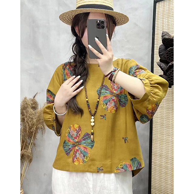 K.W. 現貨大花亞麻涼爽透氣紗花版上衣(新品/上衣/休閒/印花/背心)
