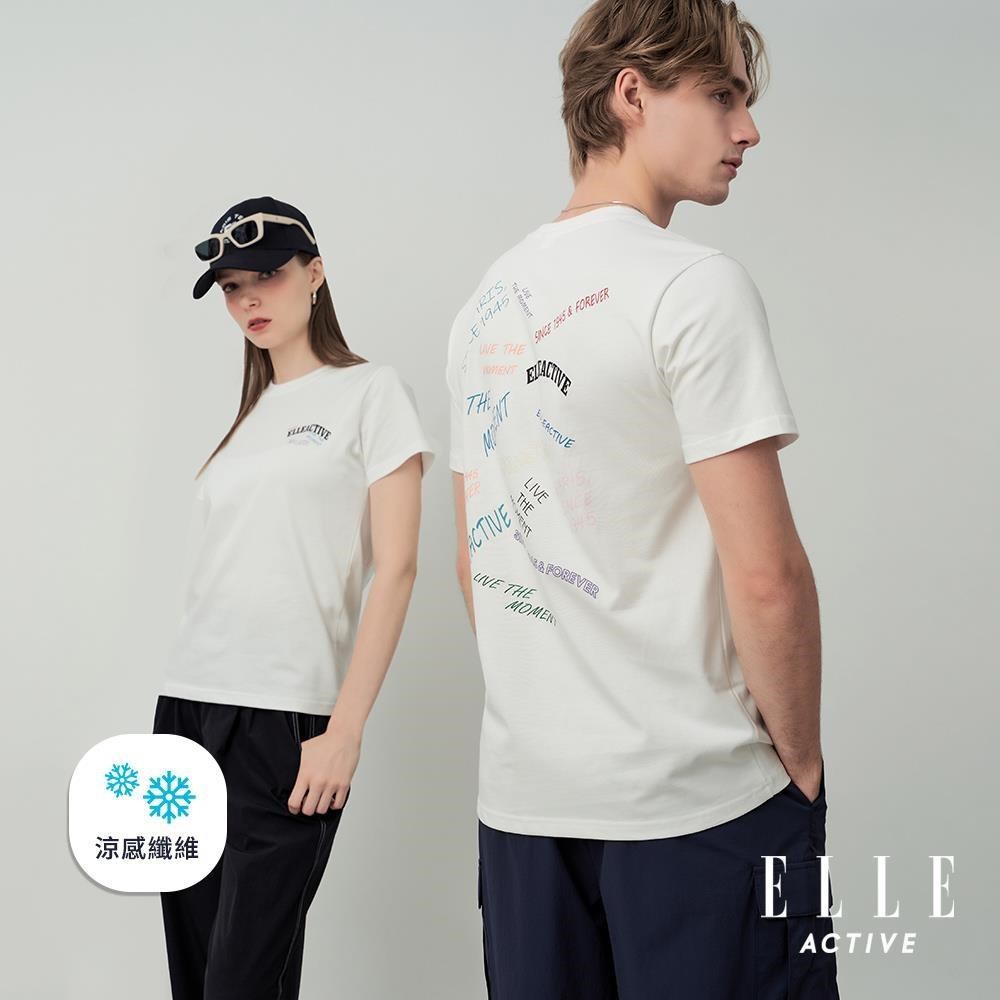 ELLE ACTIVE 男女同款 涼感機能美式塗鴉寬鬆版圓領短袖T恤-白色 (EA26S2F1601-90)