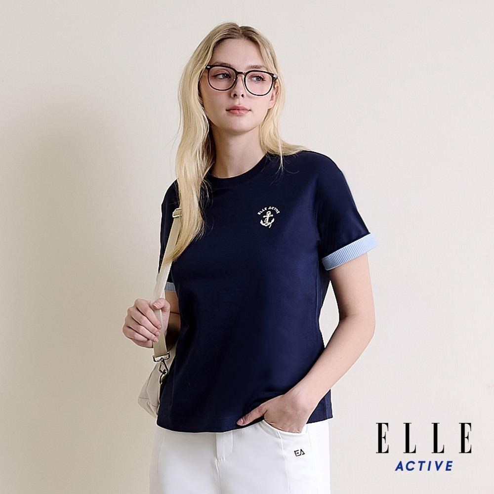 ELLE ACTIVE 女款 撞色袖口短袖T恤-深藍 (EA26S1W1602-39)