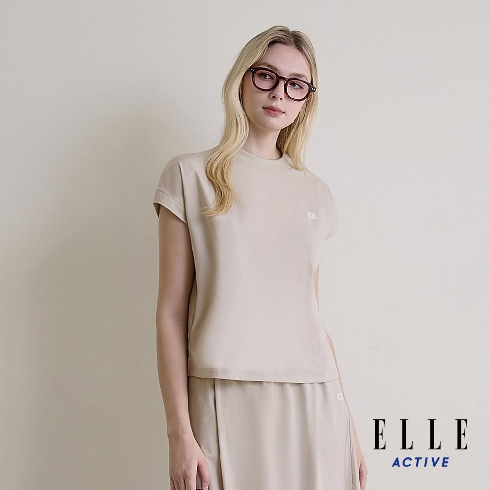 ELLE ACTIVE 女款 寬版設計Logo圓領短袖T恤-卡其 (EA26S1W1609-82)