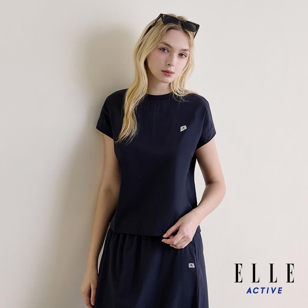 ELLE ACTIVE 女款 寬版設計Logo圓領短袖T恤-深藍 (EA26S1W1609-39)