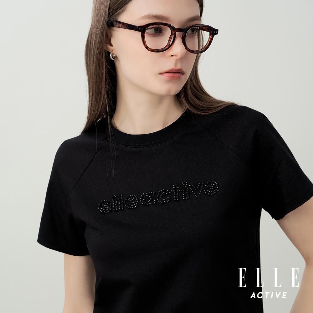 ELLE ACTIVE 女款 落肩剪裁小珠珠字母Logo短袖T恤-黑(EA26S2W1607-99)