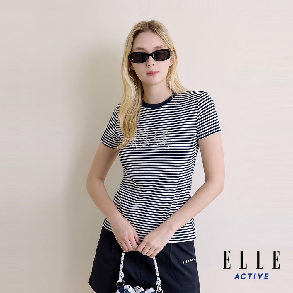 ELLE ACTIVE 女款 品牌Logo條紋圓領短袖T恤-深藍色 (EA26S5W1603-39)