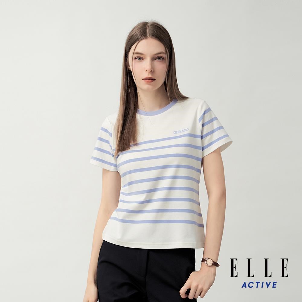 ELLE ACTIVE 女款 肩釦設計條紋圓領短袖T恤-水藍色 (EA26S1W1605-31)
