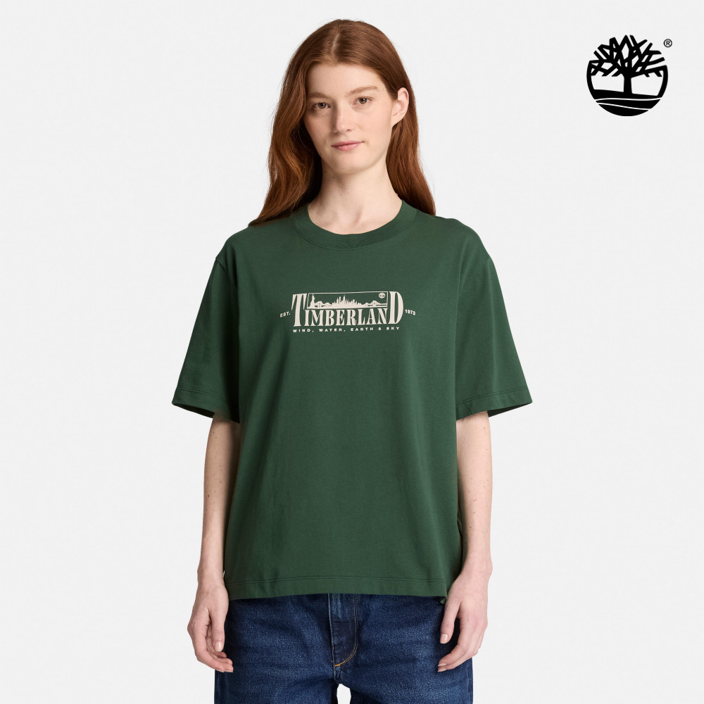 Timberland 女款灰綠色寬版短袖T恤|0YH5G398