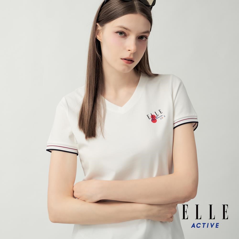 ELLE ACTIVE 女款 袖口滾邊修身V領短袖T恤-白色 (EA26S4W1602-90)