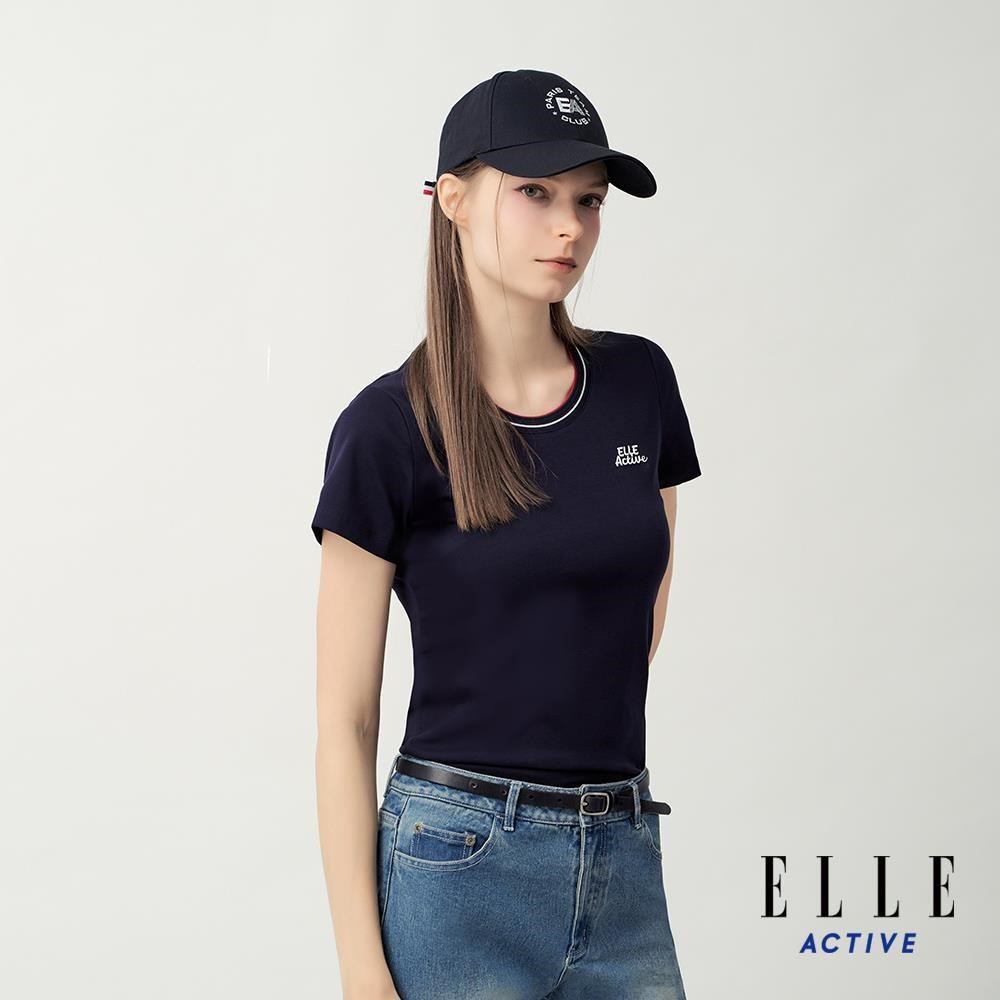 ELLE ACTIVE 女款 胸前Logo修身圓領短袖T恤-深藍色 (EA26S4W1601-39)