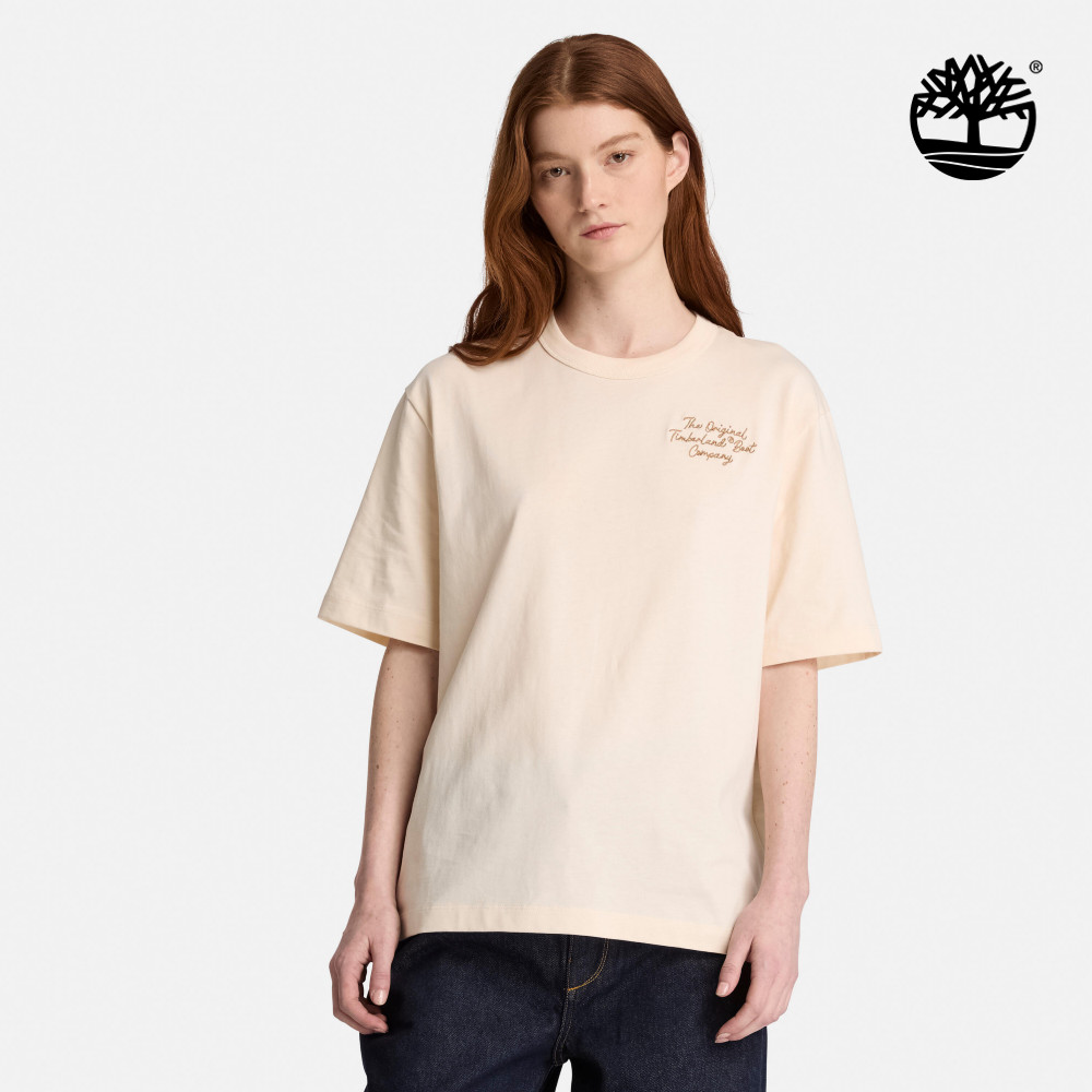 Timberland 女款白煙色寬版刺繡LOGO短袖T恤|0YHC2V04