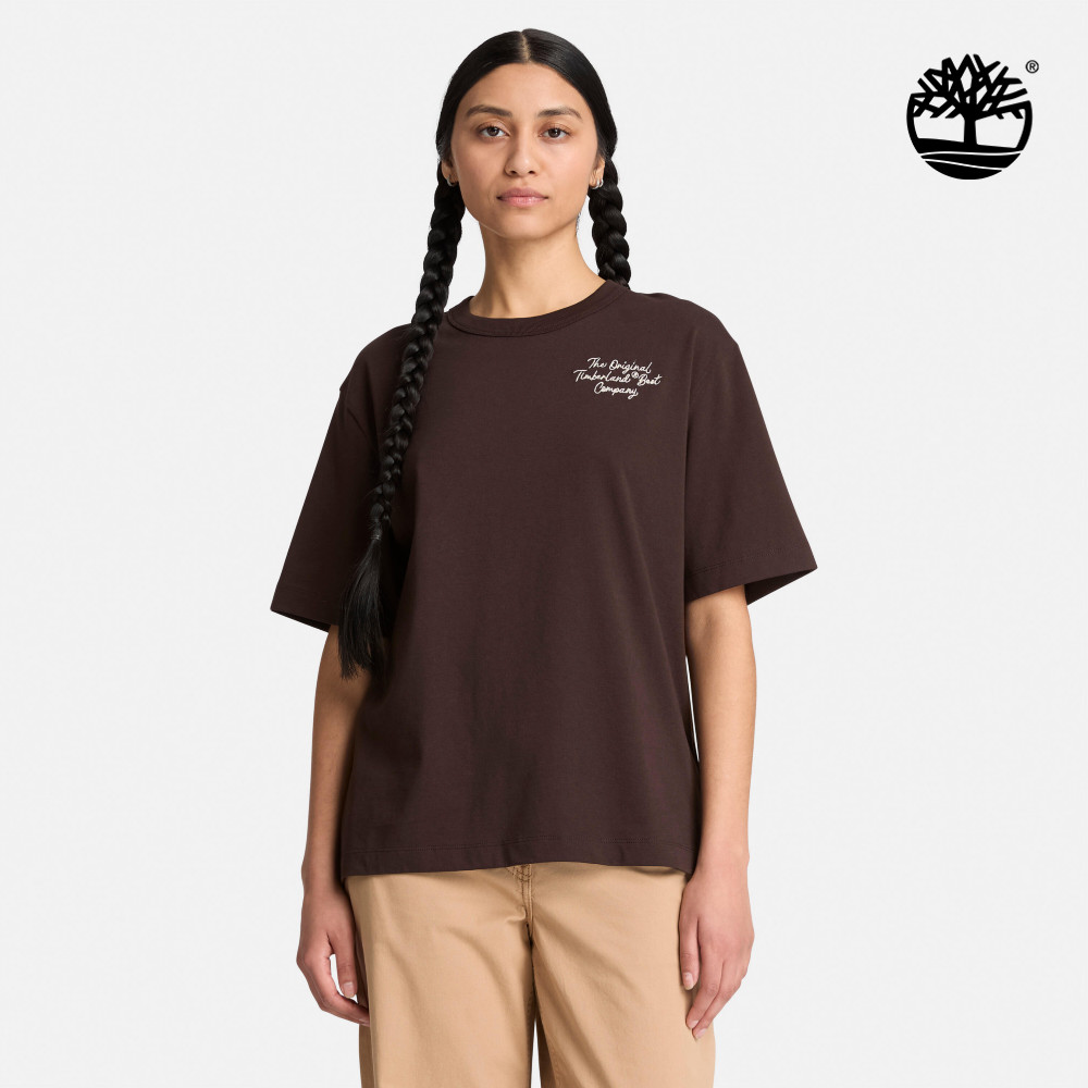 Timberland 女款深棕色寬版刺繡LOGO短袖T恤|0YHC2C35
