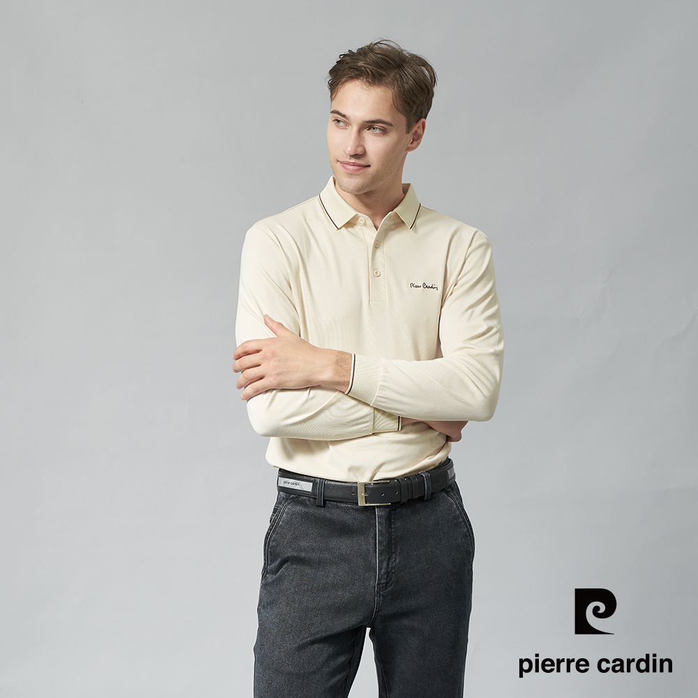 Pierre Cardin 皮爾卡登 男款 棉質混紡素面薄長袖POLO衫-杏色 (5245212-82)