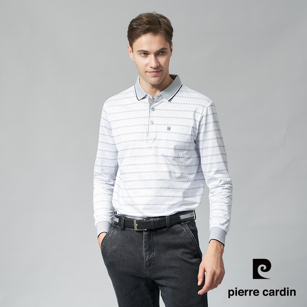 Pierre Cardin 皮爾卡登 男裝 棉質混紡橫條印花薄長袖POLO衫-灰藍色 (5245257-32)