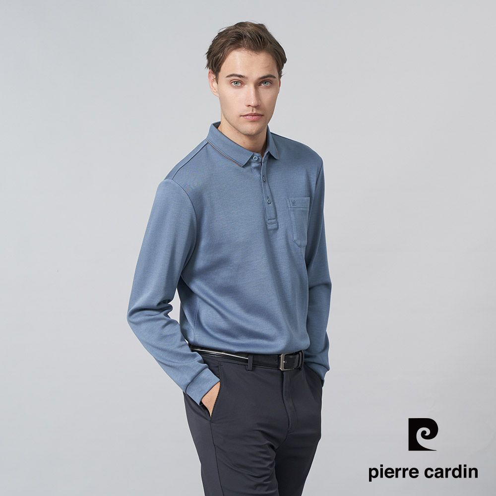 Pierre Cardin 皮爾卡登 男裝 人造棉質混紡微彈性素面薄長袖POLO衫-藍色 (5245207-36)