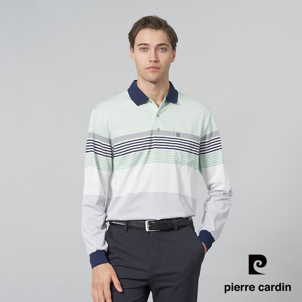 Pierre Cardin 皮爾卡登 男裝 吸濕排汗微彈性定位橫條長袖POLO衫-淺綠色 (5245254-42)