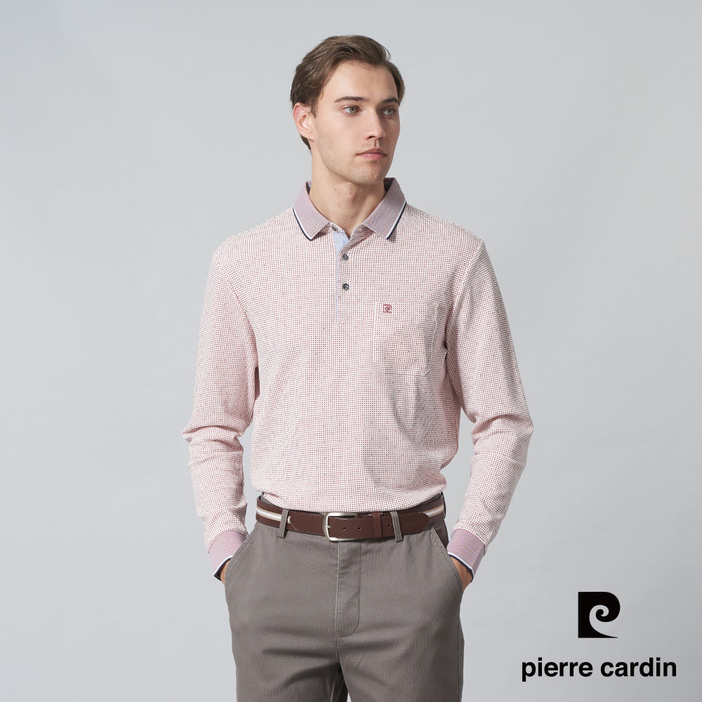 Pierre Cardin 皮爾卡登 男裝 棉質混紡PK點點印花長袖POLO衫-紅色 (5245255-78)