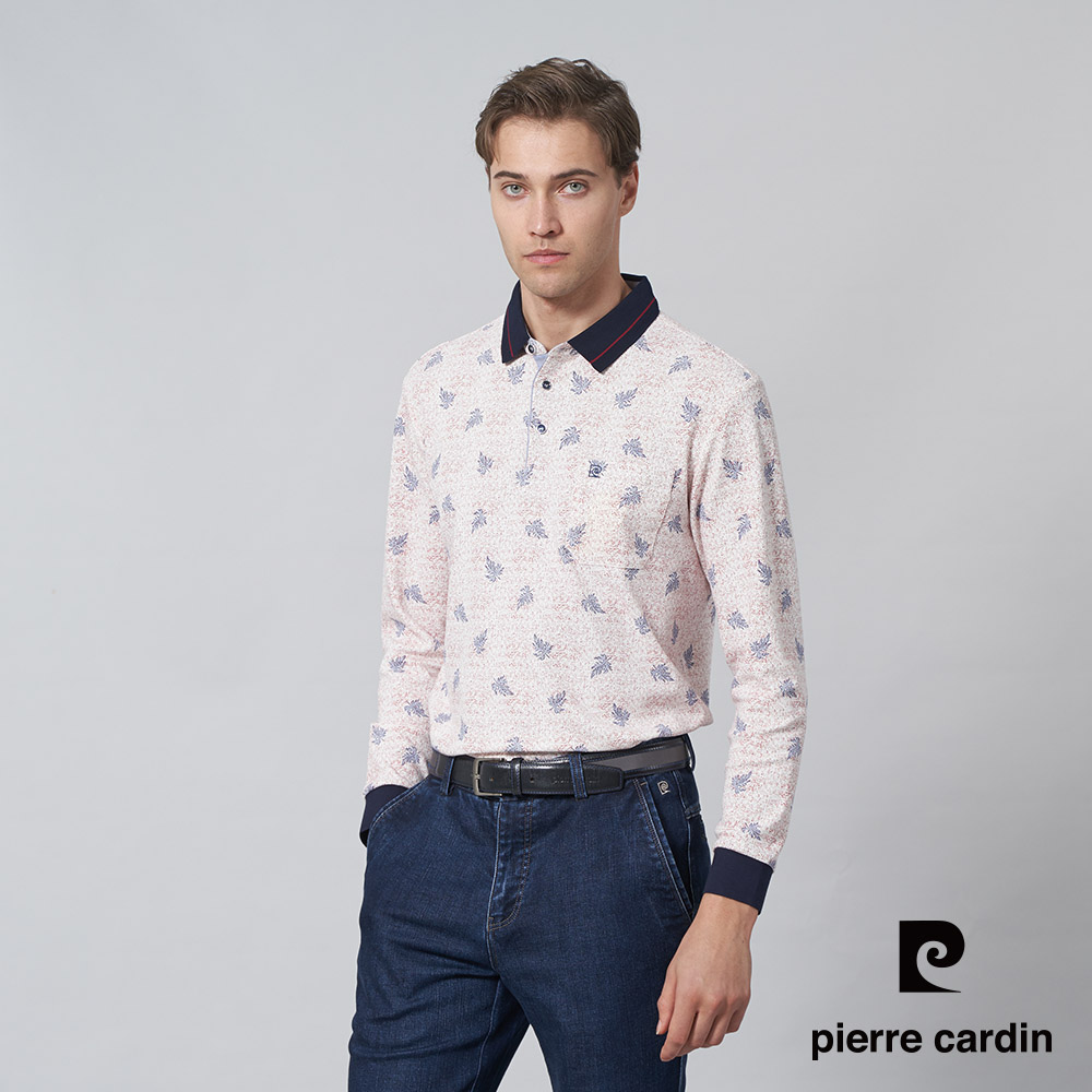 Pierre Cardin 皮爾卡登 男裝 棉質混紡PK葉片印花長袖POLO衫-紅色 (5245259-78)