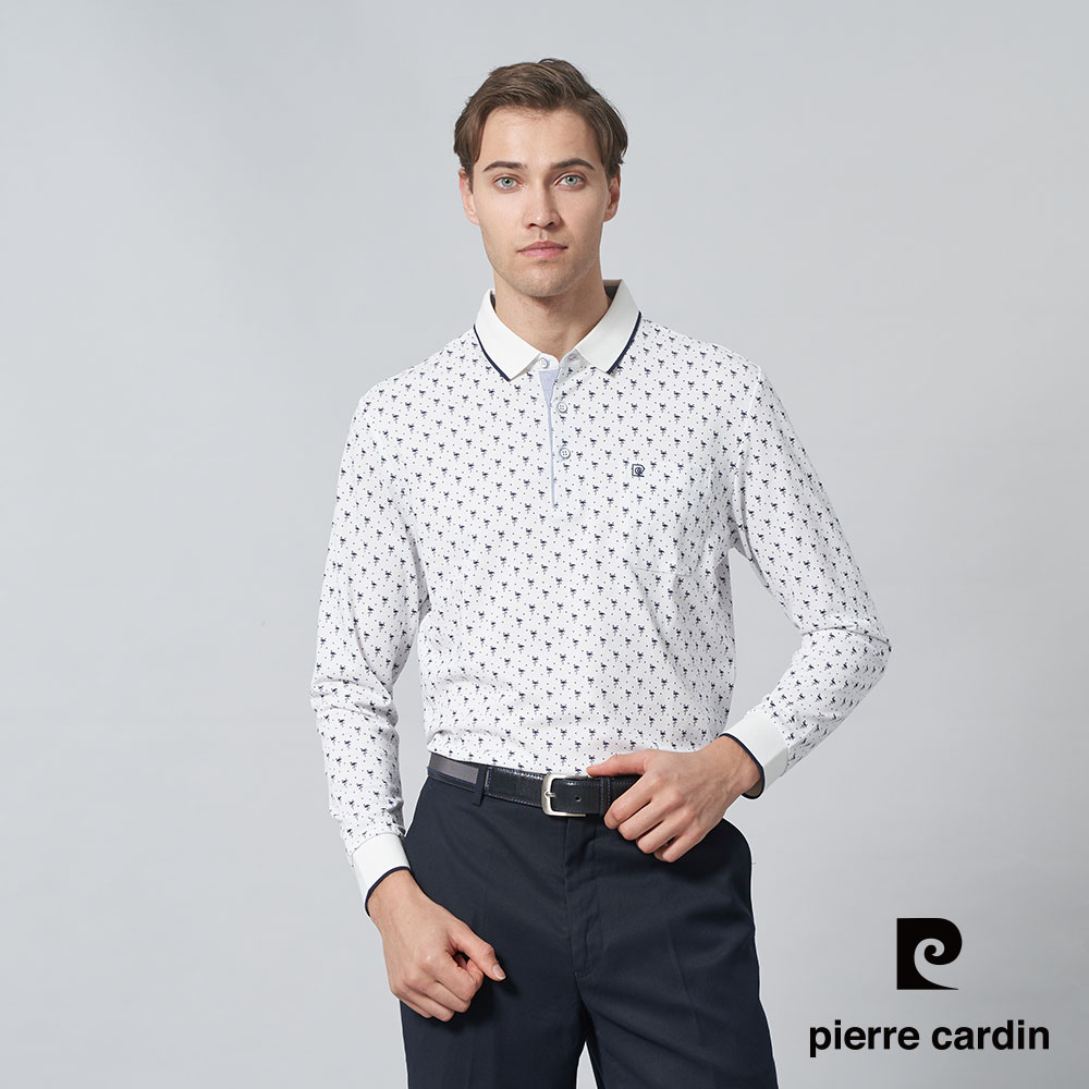 Pierre Cardin 皮爾卡登 男裝 棉質混紡PK鶴印花長袖POLO衫-白色 (5245263-90)