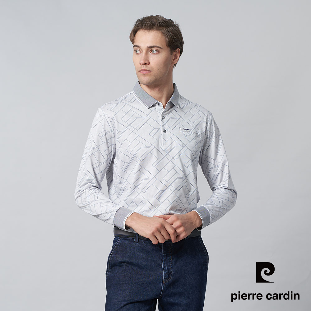Pierre Cardin 皮爾卡登 男裝 棉質混紡方格印花長袖POLO衫-灰藍色 (5245267-37)