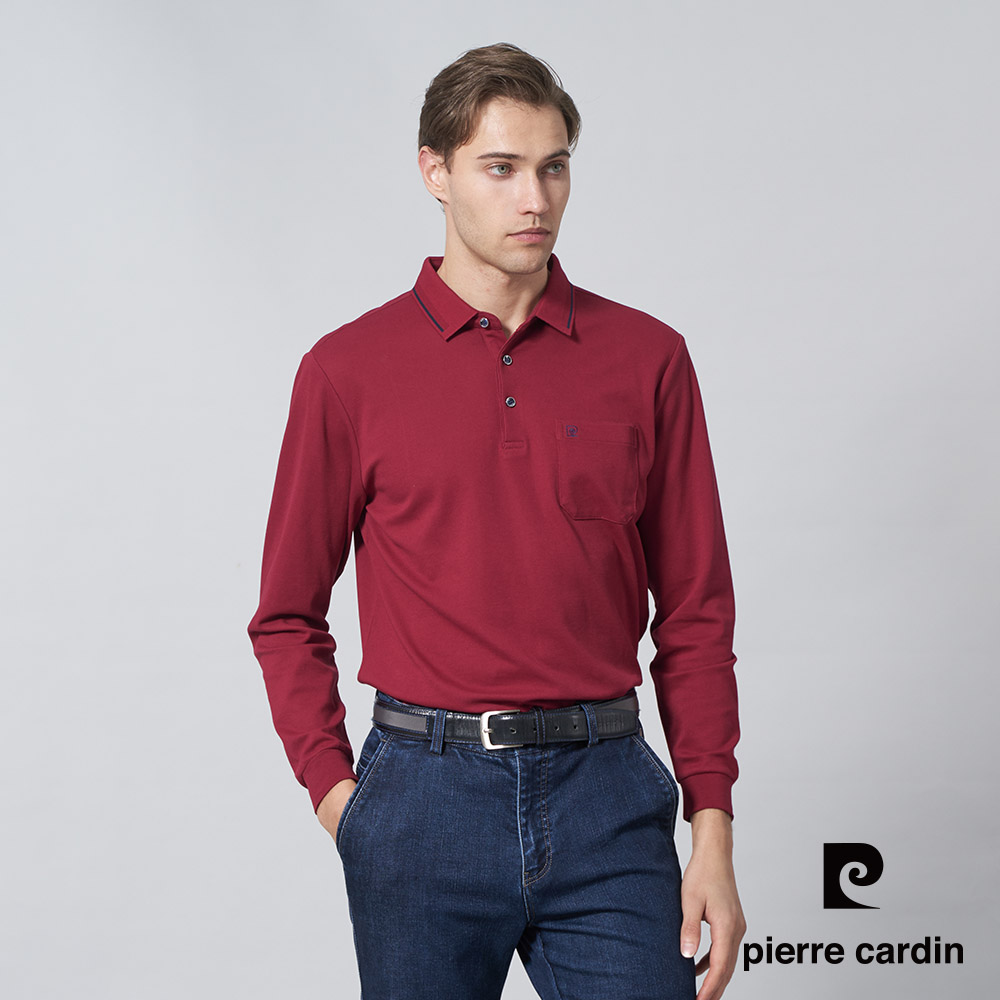 Pierre Cardin 皮爾卡登 男裝 純棉素色配條領長袖POLO衫-暗紅色 (5245284-79)