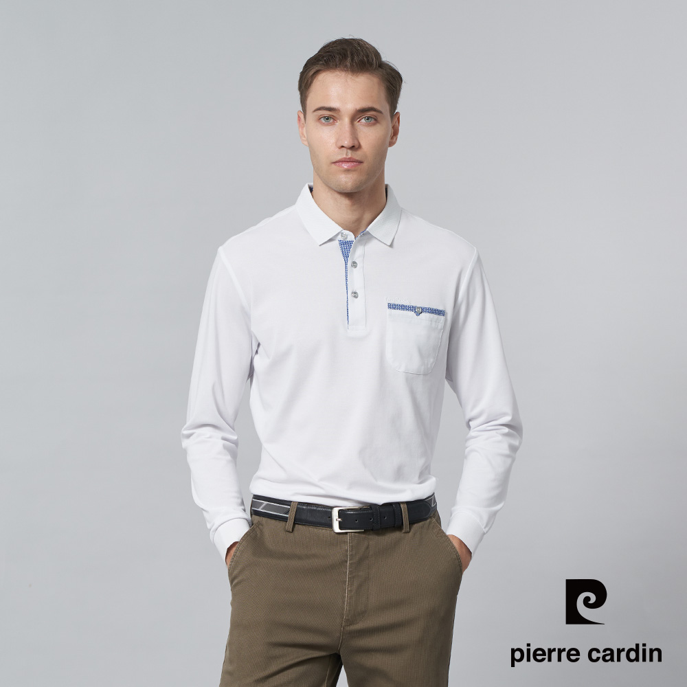 Pierre Cardin 皮爾卡登 男裝 絲光棉混紡素色薄長袖POLO衫-白色 (5245203-90)