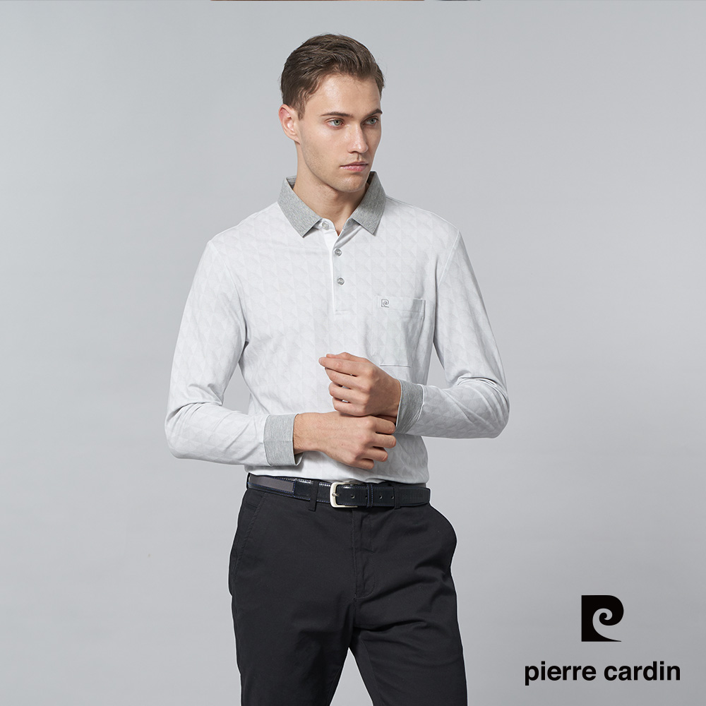 Pierre Cardin 皮爾卡登 男裝 棉質混紡彈性印花格紋長袖POLO衫-淺灰色 (5245205-95)