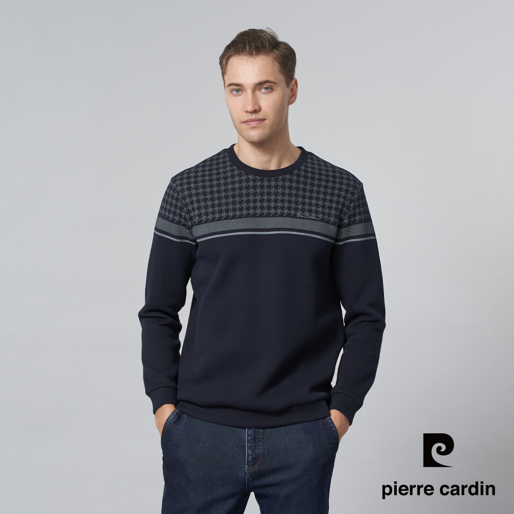 Pierre Cardin 皮爾卡登 男裝 棉質混紡微彈性圓領千鳥格定位長袖T恤-深藍色 (5245211-38)