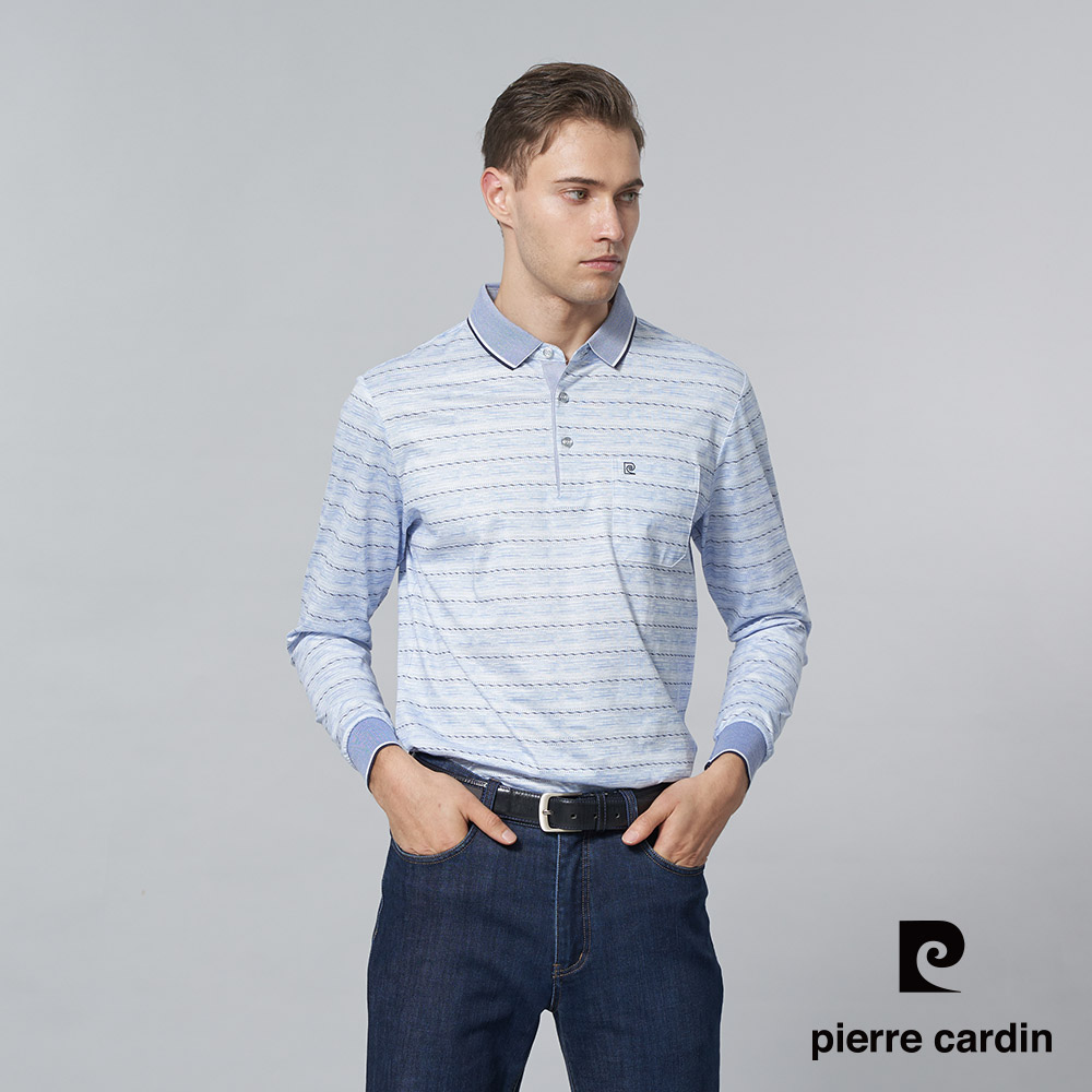 Pierre Cardin 皮爾卡登 男裝 棉質混紡橫條印花薄長袖POLO衫-天藍色 (5245257-36)
