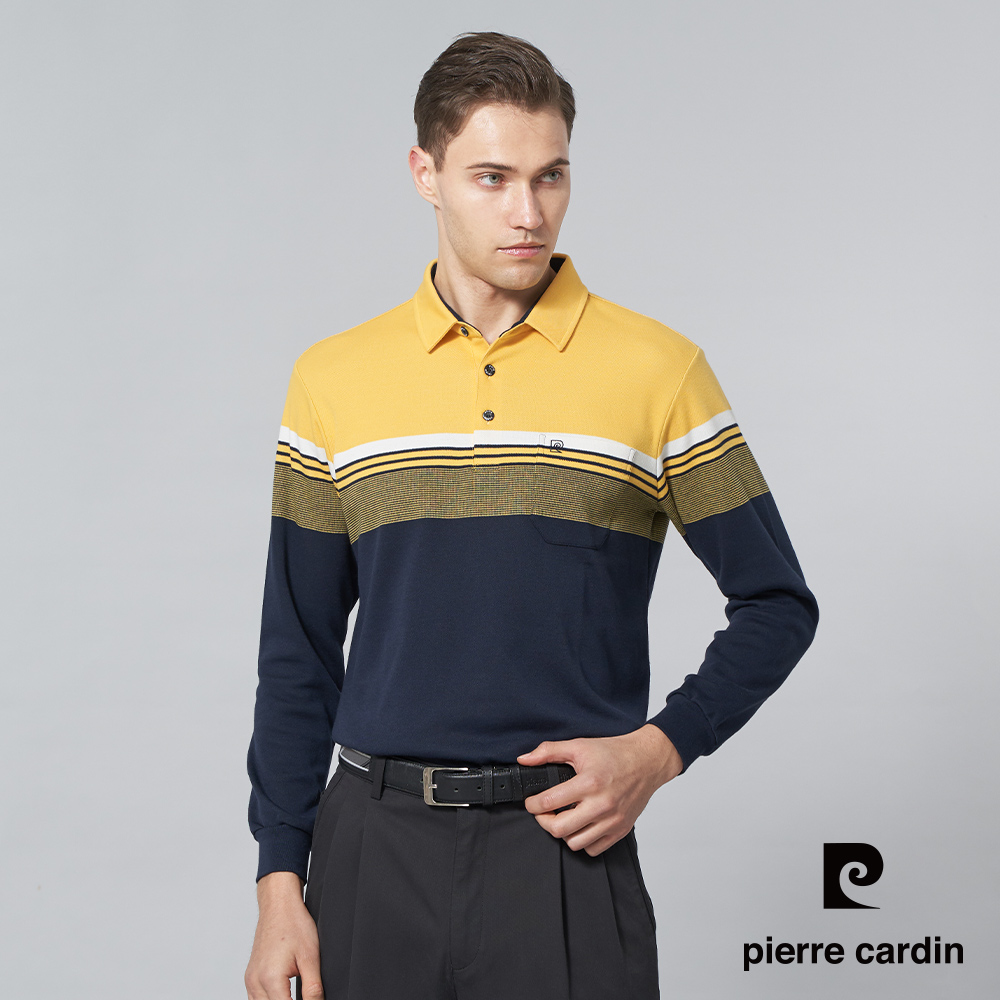 Pierre Cardin 皮爾卡登 男裝 棉質混紡刷毛定位條長袖POLO衫-丈青色 (5245278-38)