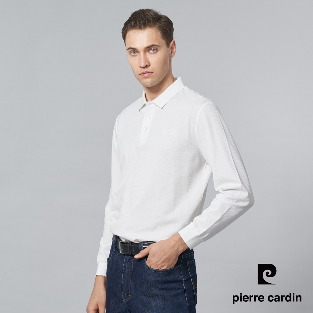 Pierre Cardin 皮爾卡登 男裝 棉質混紡微彈性素色長袖POLO衫-白色 (5245285-90)