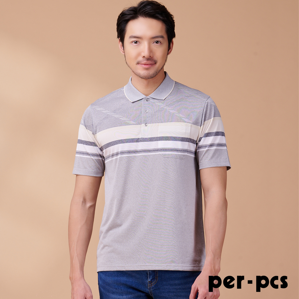 per-pcs 派彼士 率性條紋層次穿插短袖POLO衫_灰(724508)