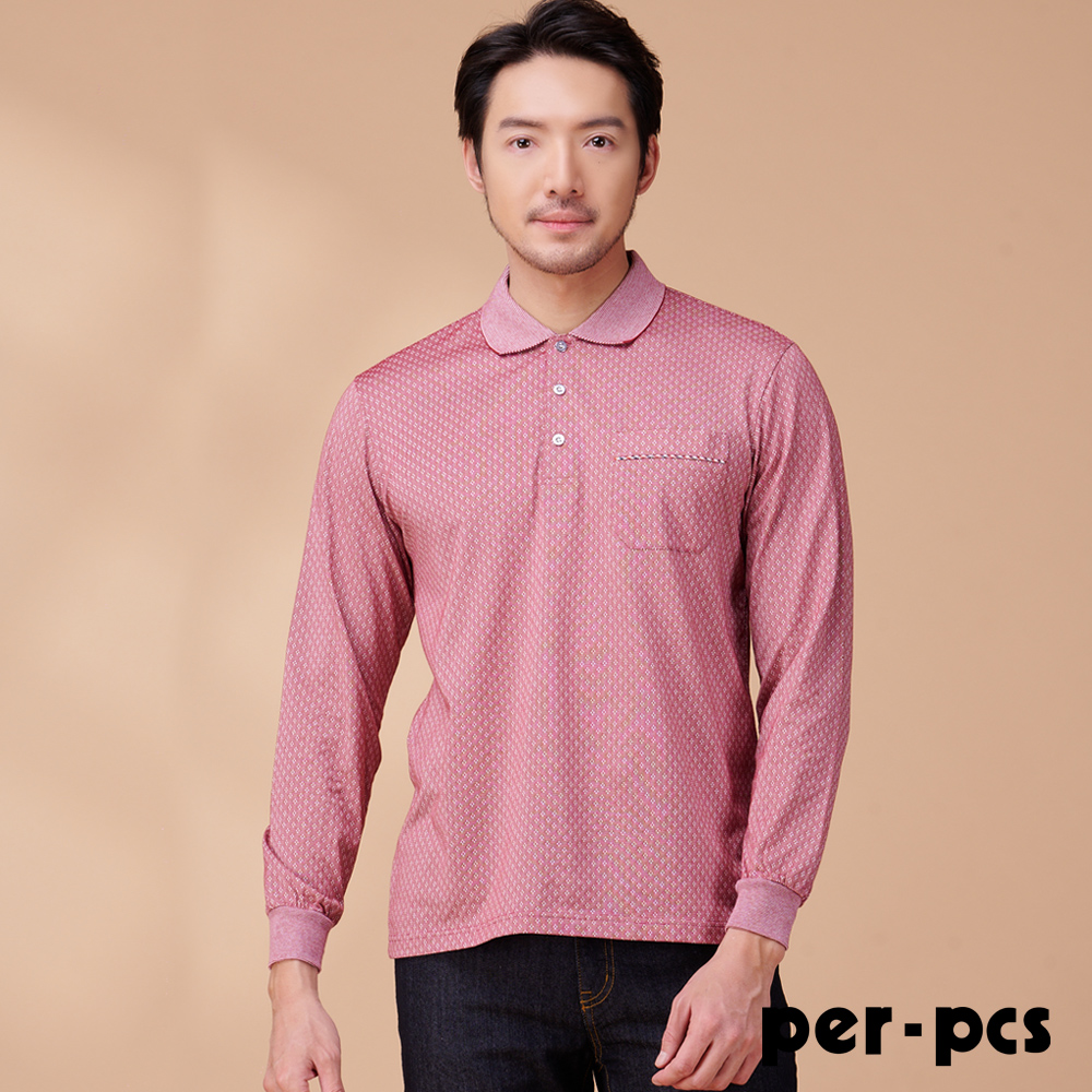per-pcs 派彼士 經典小碎花圖印長袖POLO衫_紅(824506)