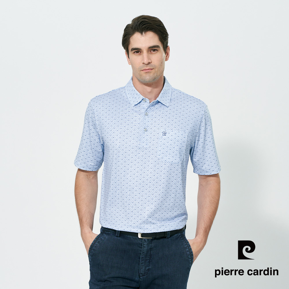 Pierre Cardin 皮爾卡登 男款 微彈性TOP印花短袖襯衫領短袖polo衫-水藍色 (5257295-33)