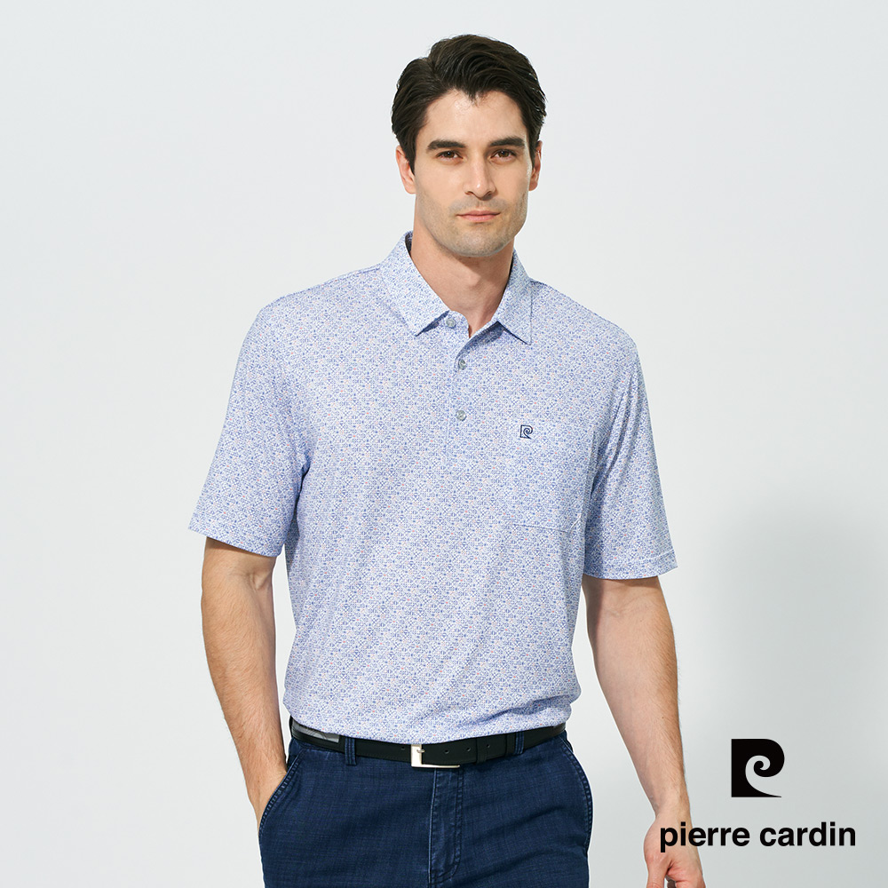 Pierre Cardin 皮爾卡登 男款 微彈性TOP印花短袖襯衫領短袖polo衫-水藍色 (5257296-35)