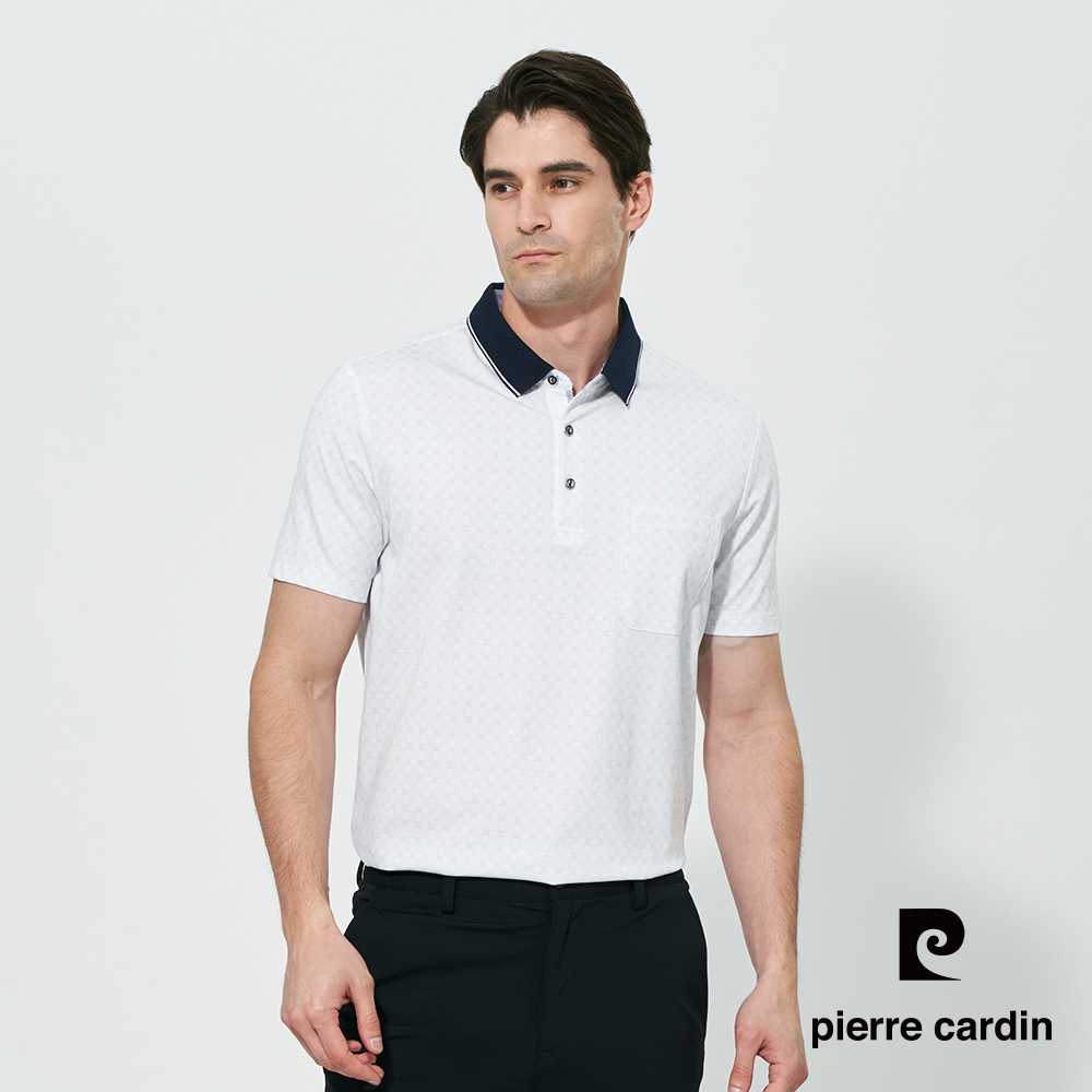 Pierre Cardin 皮爾卡登 男款 微彈性格紋印花短袖polo衫-白色 (5257217-90)